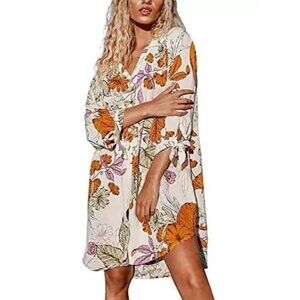 Cupshe Woman's Sz M Oaklyn Tie Sleeve Button Up Shirt Dress Floral Beachy NWT